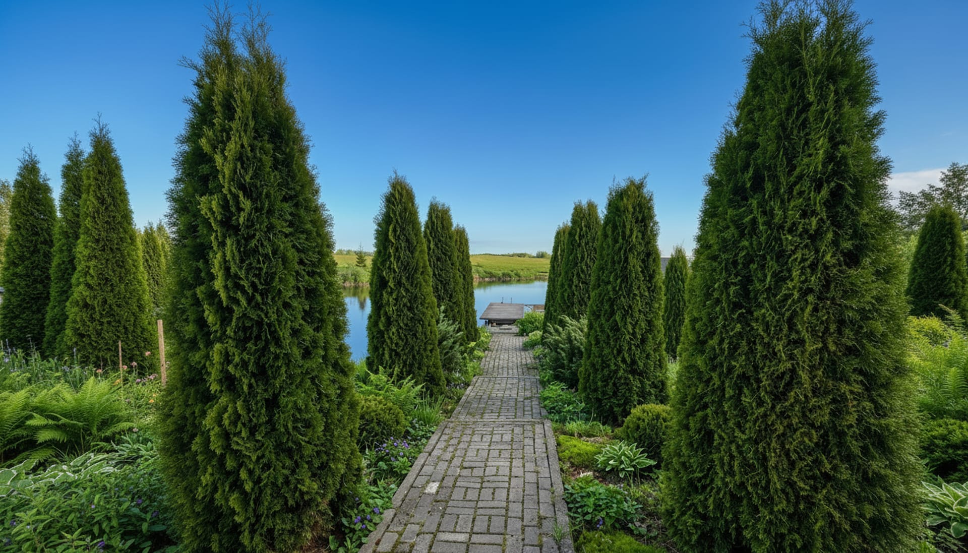 Аллея к озеру среди хвойных деревьев